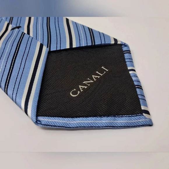Canali Men's Tie Neck Tie  Blue Striped 100% Seta Silk Italy 58" MINT - Picture 7 of 10